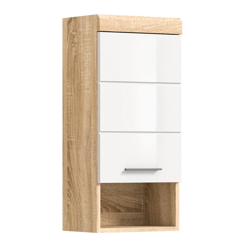 Demi-colonne de salle de bain LEWOTO – 1 porte et 1 niche – Blanc et chêne clair 
