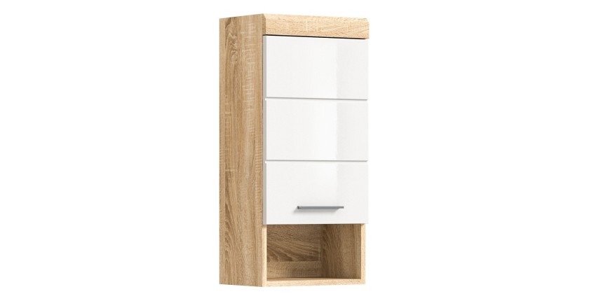 Demi-colonne de salle de bain LEWOTO – 1 porte et 1 niche – Blanc et chêne clair 