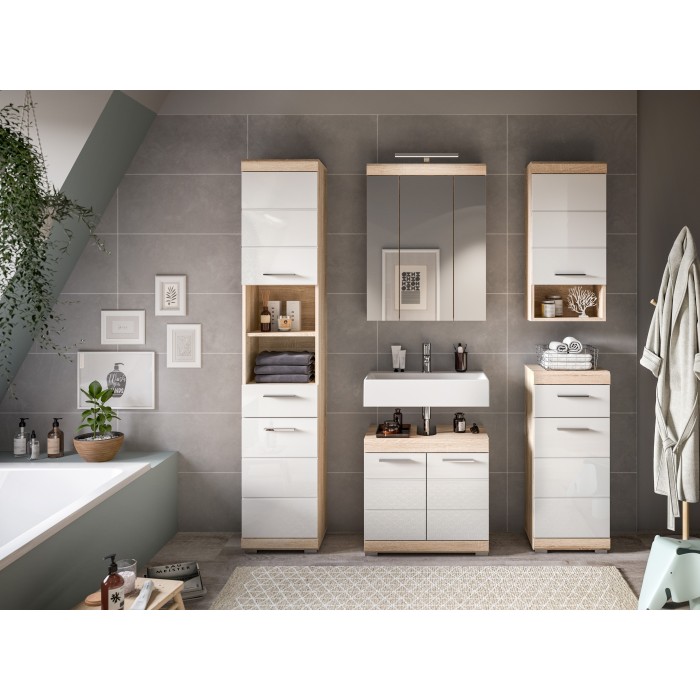 Ensemble de salle de bain LEWOTO – 1 colonne, 1 meuble sous vasque, 1 armoire avec miroir, et 2 demi-colonnes – Blanc et chêne 