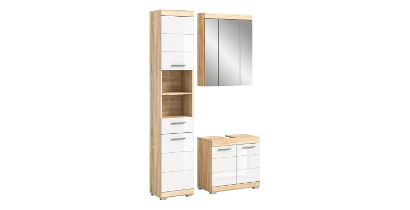 Ensemble de salle de bain LEWOTO – 1 colonne, 1 meuble sous vasque, 1 armoire avec miroir – Blanc et chêne 
