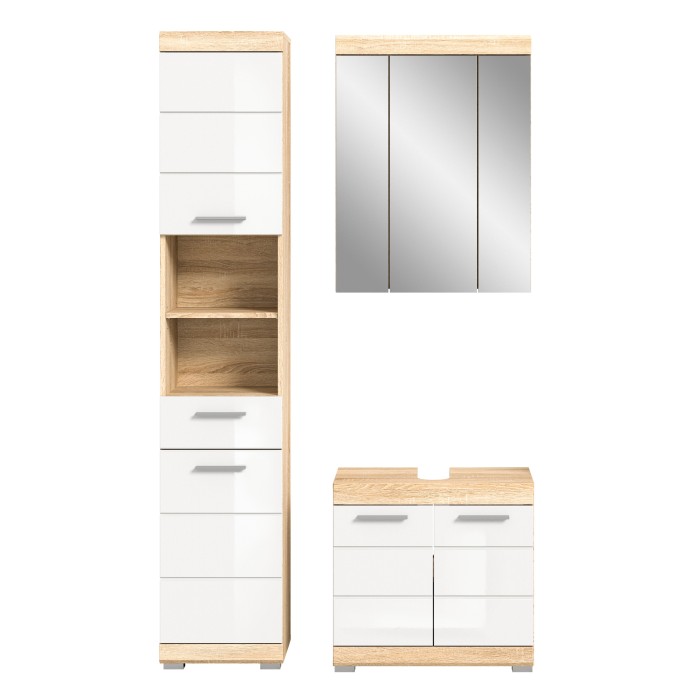 Ensemble de salle de bain LEWOTO – 1 colonne, 1 meuble sous vasque, 1 armoire avec miroir – Blanc et chêne 