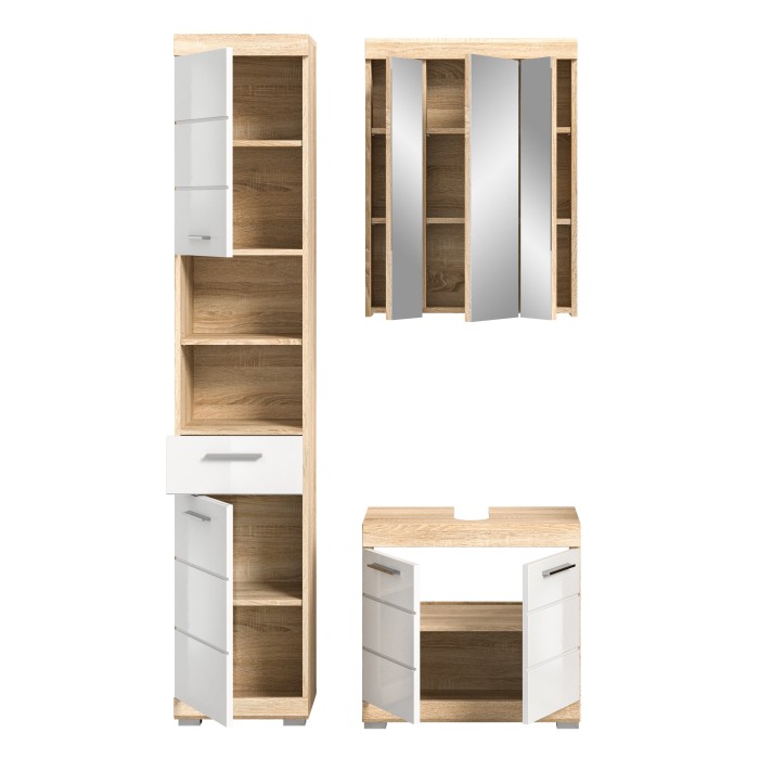 Ensemble de salle de bain LEWOTO – 1 colonne, 1 meuble sous vasque, 1 armoire avec miroir – Blanc et chêne 