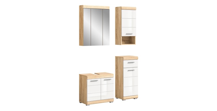 Ensemble de salle de bain : 1 meuble sous vasque, 1 armoire avec miroir et 2 demi colonne 