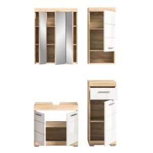 Ensemble de salle de bain : 1 meuble sous vasque, 1 armoire avec miroir et 2 demi colonne 