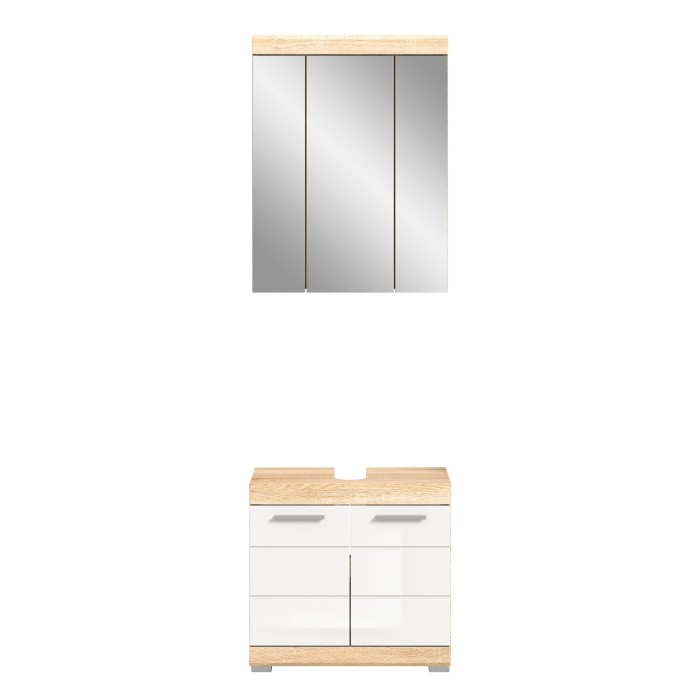 Ensemble de salle de bain LEWOTO – Meuble sous vasque et armoire avec miroir – Blanc et chêne 
