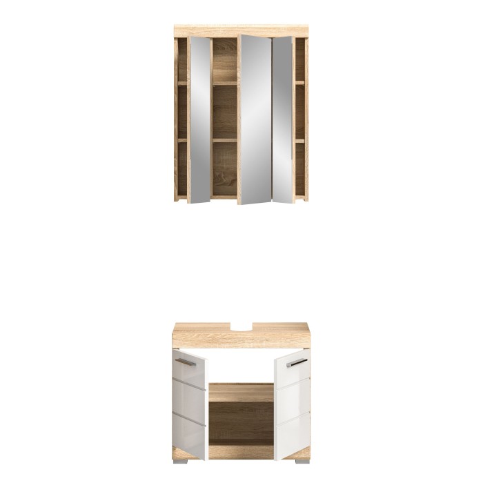 Ensemble de salle de bain LEWOTO – Meuble sous vasque et armoire avec miroir – Blanc et chêne 