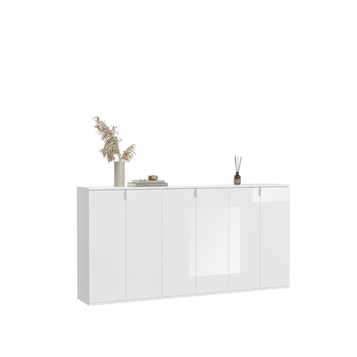 Buffet BODITE – 6 portes – Blanc laqué – Grand meuble de rangement 