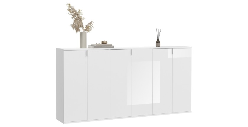 Buffet BODITE – 6 portes – Blanc laqué – Grand meuble de rangement 