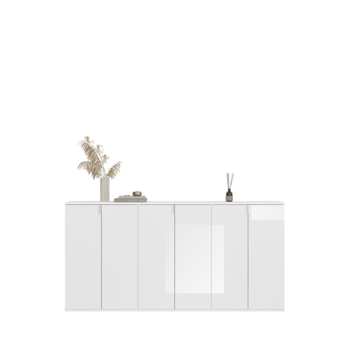 Buffet BODITE – 6 portes – Blanc laqué – Grand meuble de rangement 