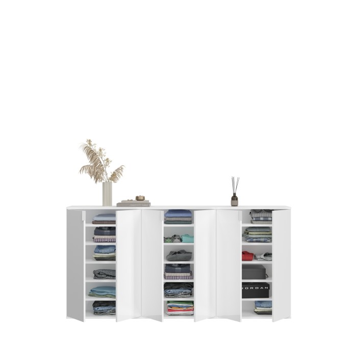 Buffet BODITE – 6 portes – Blanc laqué – Grand meuble de rangement 