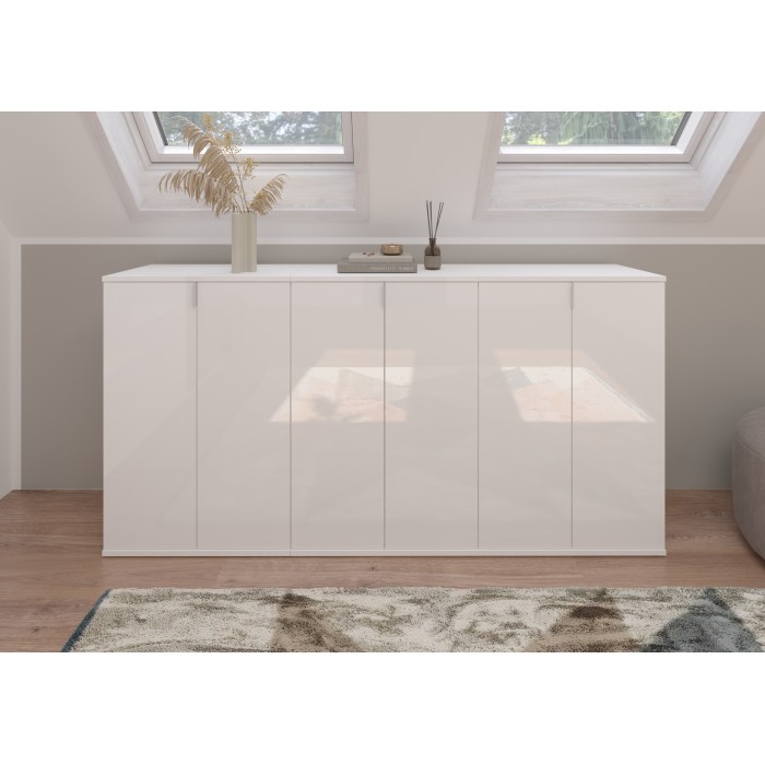 Buffet BODITE – 6 portes – Blanc laqué – Grand meuble de rangement 