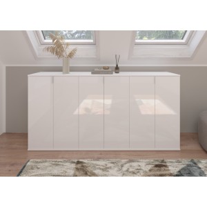 Buffet BODITE – 6 portes – Blanc laqué – Grand meuble de rangement 