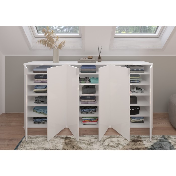 Buffet BODITE – 6 portes – Blanc laqué – Grand meuble de rangement 