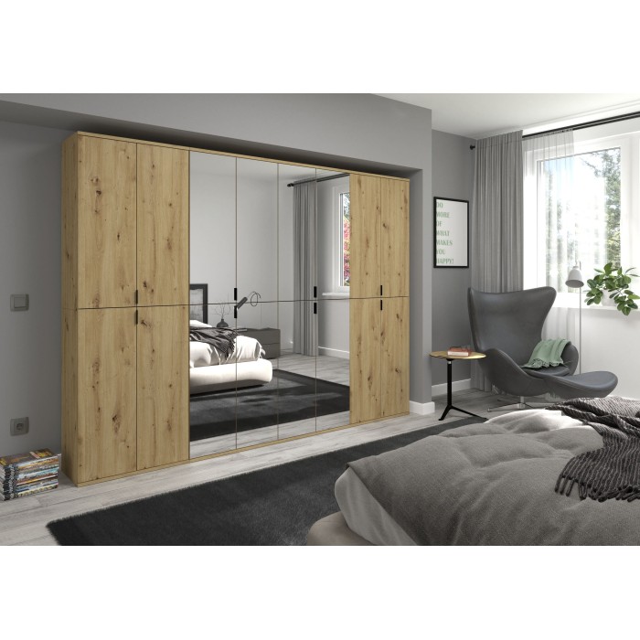 Armoire de rangement BODITE – 16 portes avec miroirs – Chêne clair 