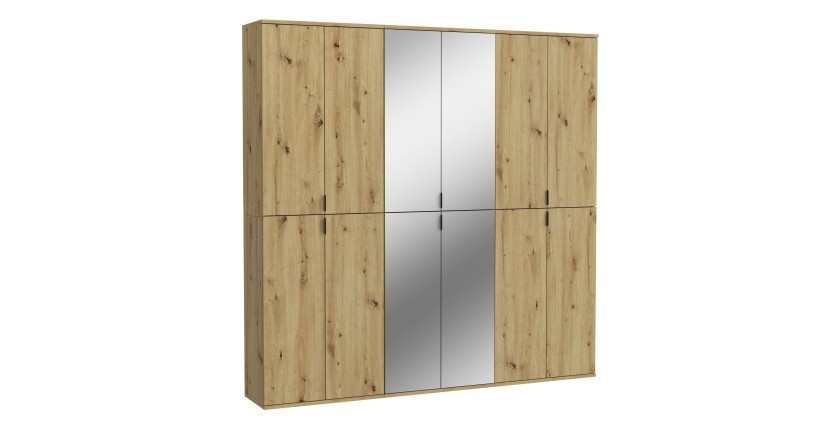 Armoire de rangement BODITE – 12 portes avec miroirs – Chêne clair 