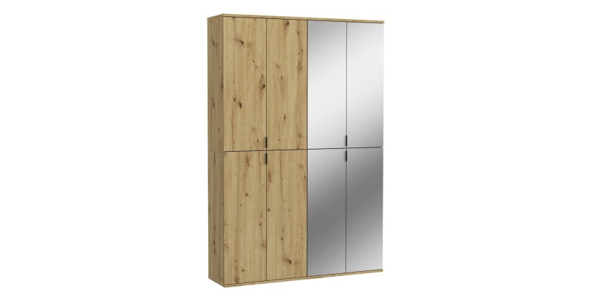 Armoire de rangement 8 portes avec 4 miroirs – Chêne clair – BODITE 