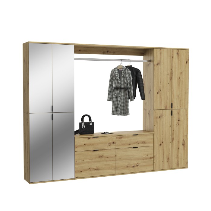 Armoire de rangement 8 portes avec miroirs + penderie + tiroirs – Chêne clair – BODITE 