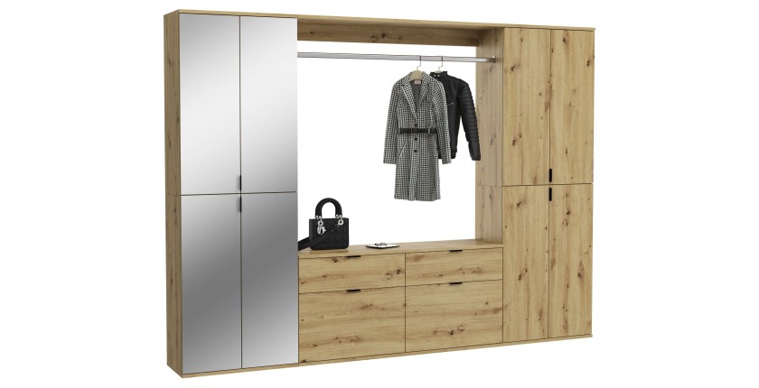 Armoire de rangement 8 portes avec miroirs + penderie + tiroirs – Chêne clair – BODITE 