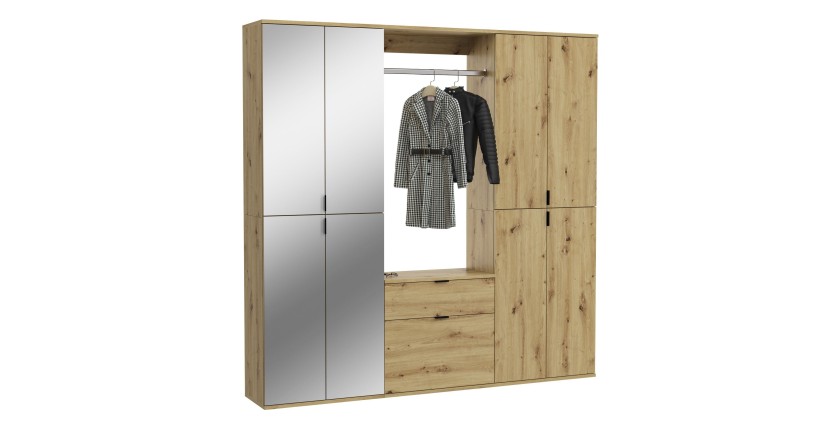 Armoire de rangement 8 portes avec miroirs + penderie et tiroirs – Chêne clair – BODITE 