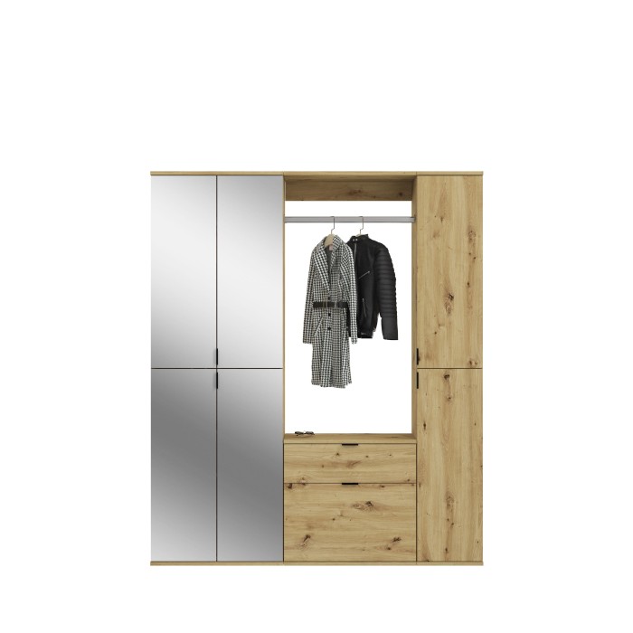 Armoire de rangement 6 portes avec miroirs + penderie et tiroirs – Chêne clair – BODITE 