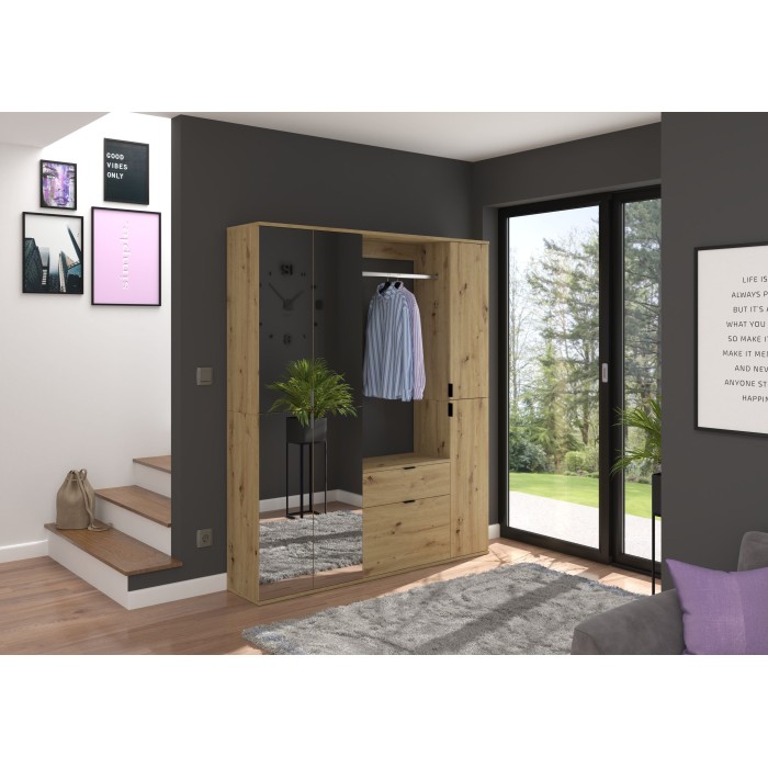 Armoire de rangement 6 portes avec miroirs + penderie et tiroirs – Chêne clair – BODITE 