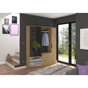 Armoire de rangement 6 portes avec miroirs + penderie et tiroirs – Chêne clair – BODITE 