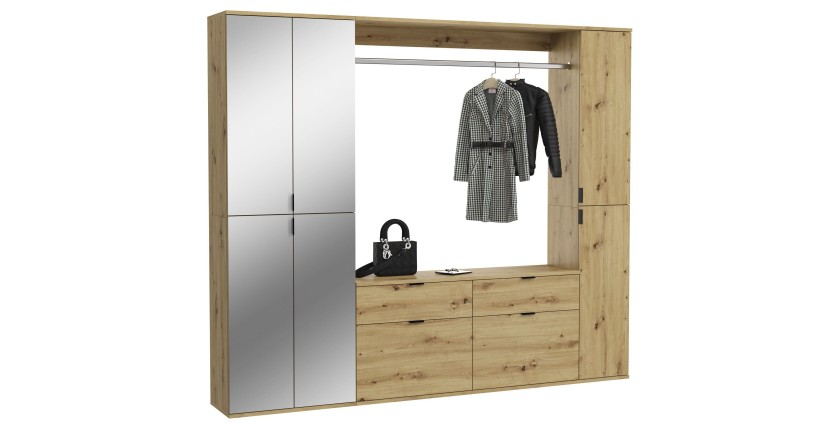 Armoire de rangement 6 portes avec miroirs, penderie et 4 tiroirs – Chêne clair – BODITE 