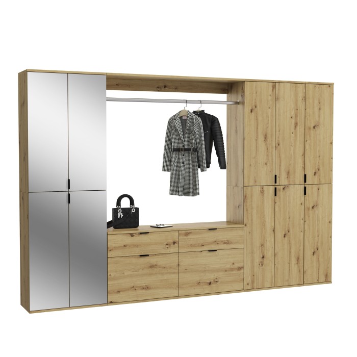 Armoire de rangement 10 portes avec miroirs + penderie + 4 tiroirs – Chêne clair – BODITE 