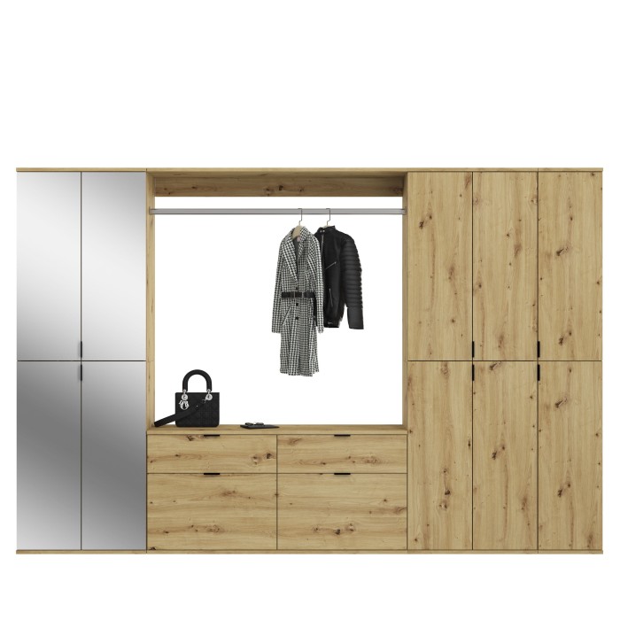 Armoire de rangement 10 portes avec miroirs + penderie + 4 tiroirs – Chêne clair – BODITE 