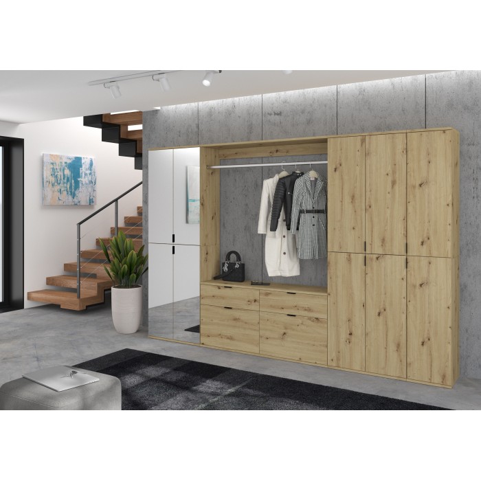 Armoire de rangement 10 portes avec miroirs + penderie + 4 tiroirs – Chêne clair – BODITE 