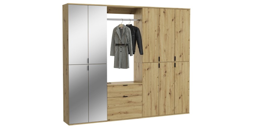 Armoire de rangement 10 portes avec miroirs + penderie + 2 tiroirs – Chêne clair – BODITE 