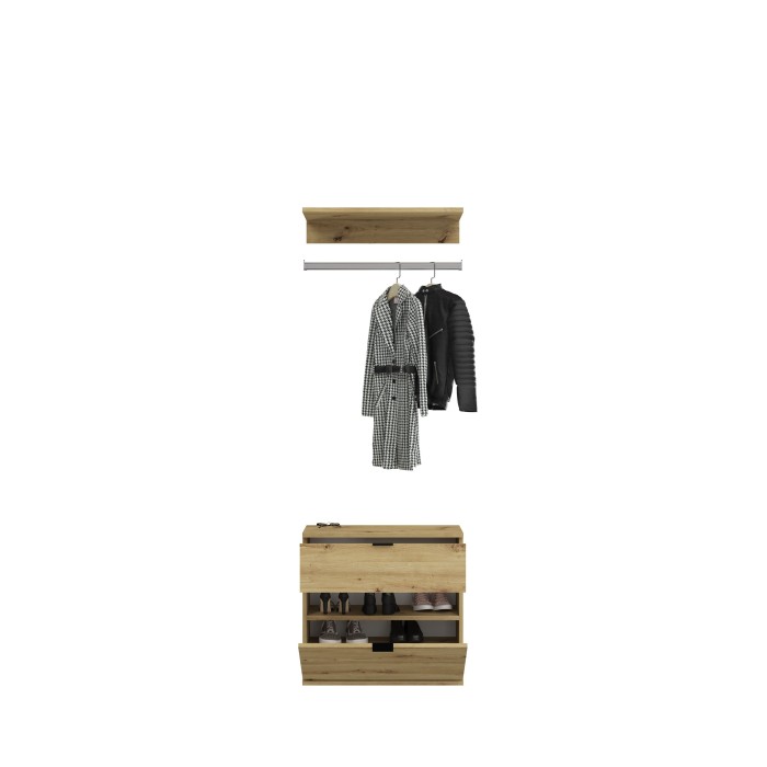 Armoire de rangement 6 portes, 4 tiroirs et 1 penderie – Blanc et chêne – BODITE 