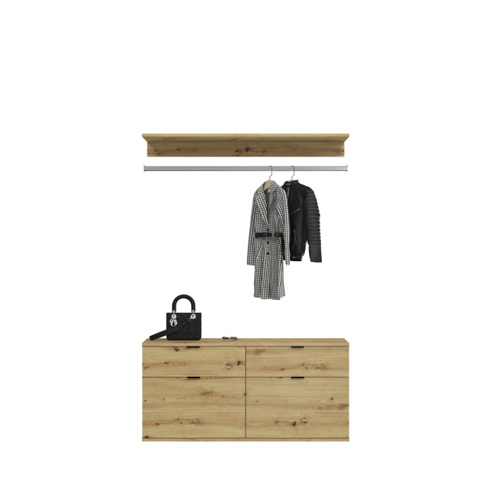 Armoire de rangement 6 portes, 4 tiroirs et 1 penderie – Blanc et chêne – BODITE 