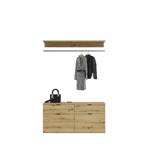 Armoire de rangement 6 portes, 4 tiroirs et 1 penderie – Blanc et chêne – BODITE 