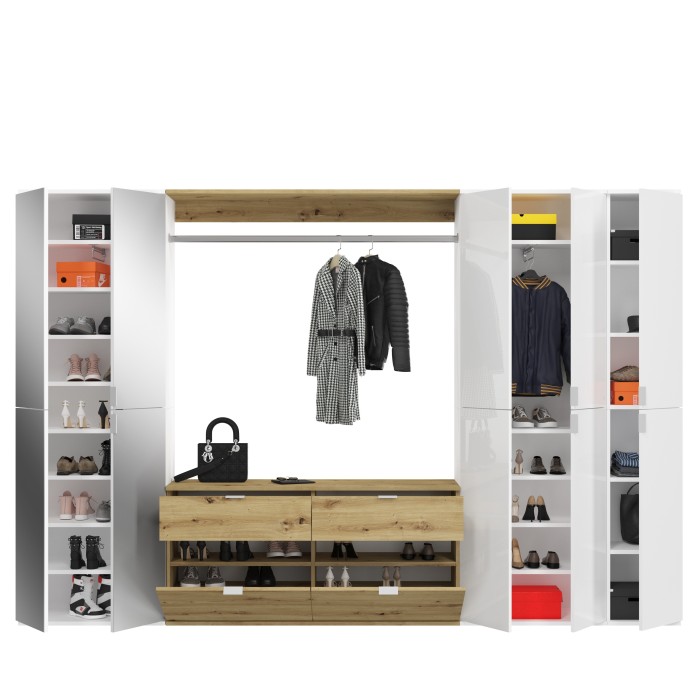 Armoire de rangement 10 portes, 4 miroirs, 4 tiroirs et une penderie – Blanc et chêne – BODITE 