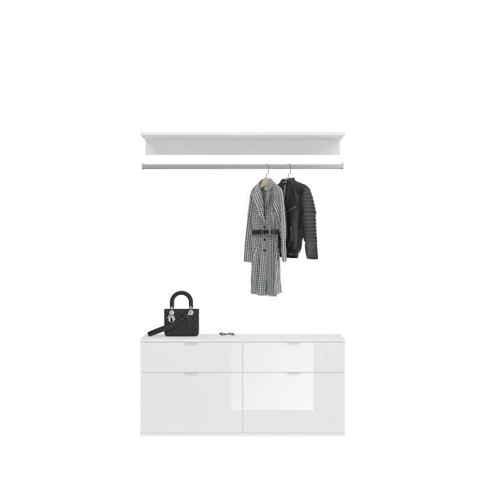 Armoire de rangement 8 portes, 4 miroirs, 4 tiroirs et une penderie – Blanc et chêne – BODITE 