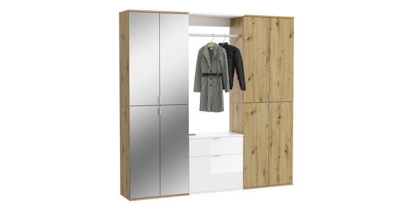 Armoire de rangement 8 portes, 4 miroirs, 2 tiroirs et une penderie – Blanc et chêne – BODITE 