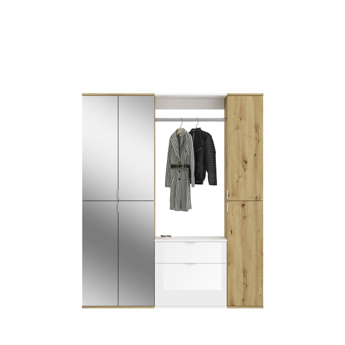 Armoire de rangement 6 portes, 4 miroirs, 2 tiroirs et une penderie – Blanc et chêne – BODITE 