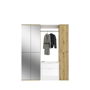 Armoire de rangement 6 portes, 4 miroirs, 2 tiroirs et une penderie – Blanc et chêne – BODITE 