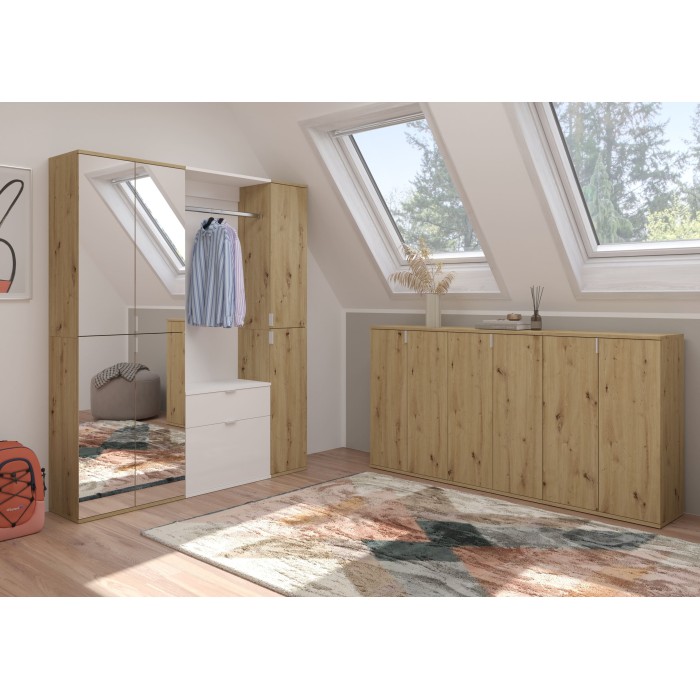 Armoire de rangement 6 portes, 4 miroirs, 2 tiroirs et une penderie – Blanc et chêne – BODITE 