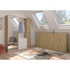 Armoire de rangement 6 portes, 4 miroirs, 2 tiroirs et une penderie – Blanc et chêne – BODITE 