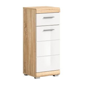 Armoire de salle de bain LEWOTO – 1 porte et 1 tiroir – Blanc et chêne clair 