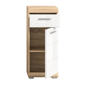 Armoire de salle de bain LEWOTO – 1 porte et 1 tiroir – Blanc et chêne clair 