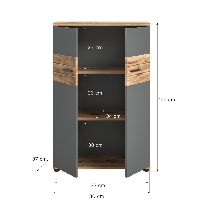 Petite armoire de rangement de bureau 2 portes – Gris anthracite et chêne clair – SELMA 