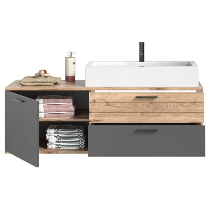Meuble sous vasque 1 porte et 2 tiroirs – Gris anthracite et chêne clair – SELMA 