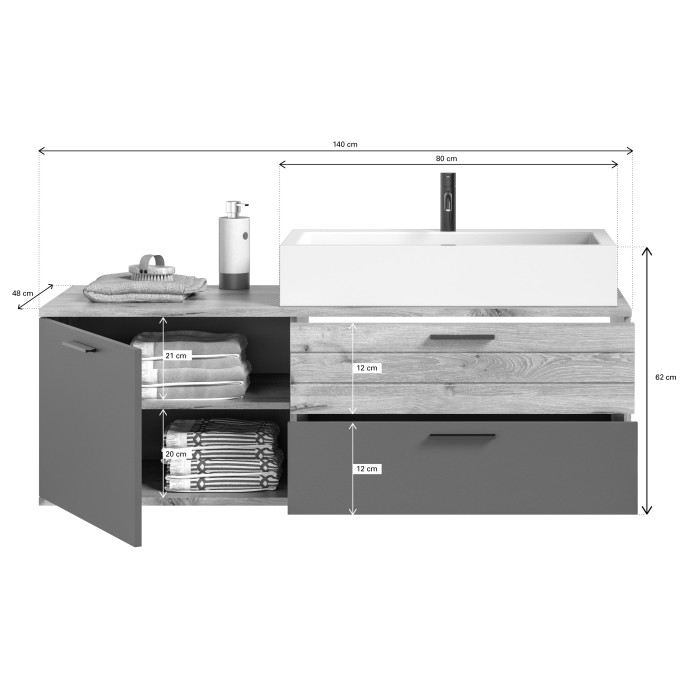 Meuble sous vasque 1 porte et 2 tiroirs – Gris anthracite et chêne clair – SELMA 