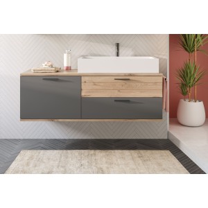 Meuble sous vasque 1 porte et 2 tiroirs – Gris anthracite et chêne clair – SELMA 