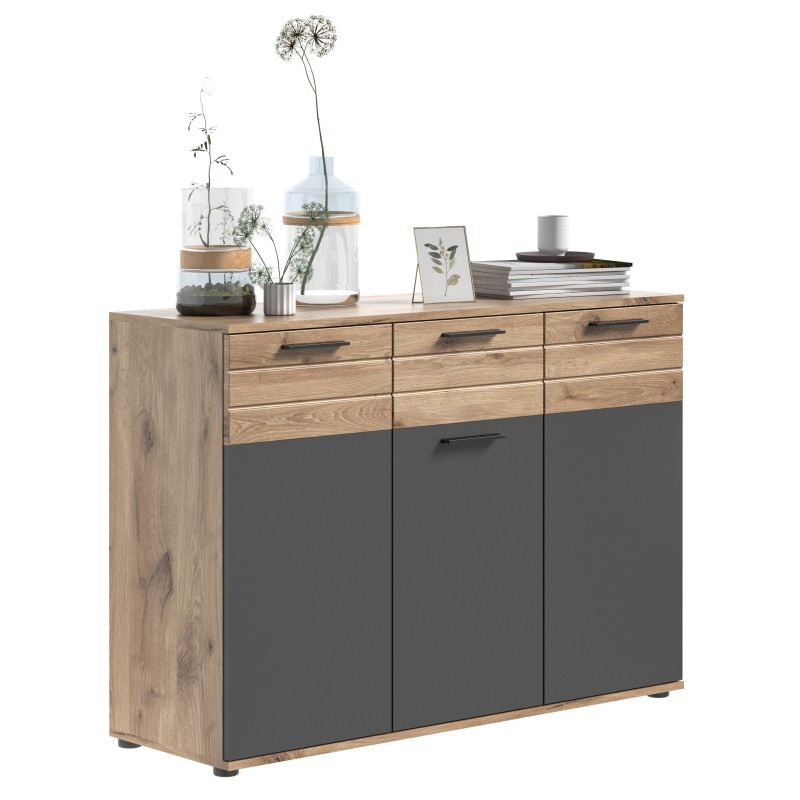 Buffet 3 portes et 1 tiroir – Gris anthracite et chêne clair – SELMA 