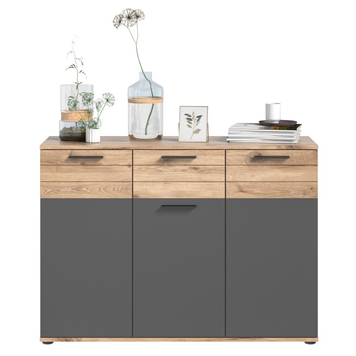 Buffet 3 portes et 1 tiroir – Gris anthracite et chêne clair – SELMA 