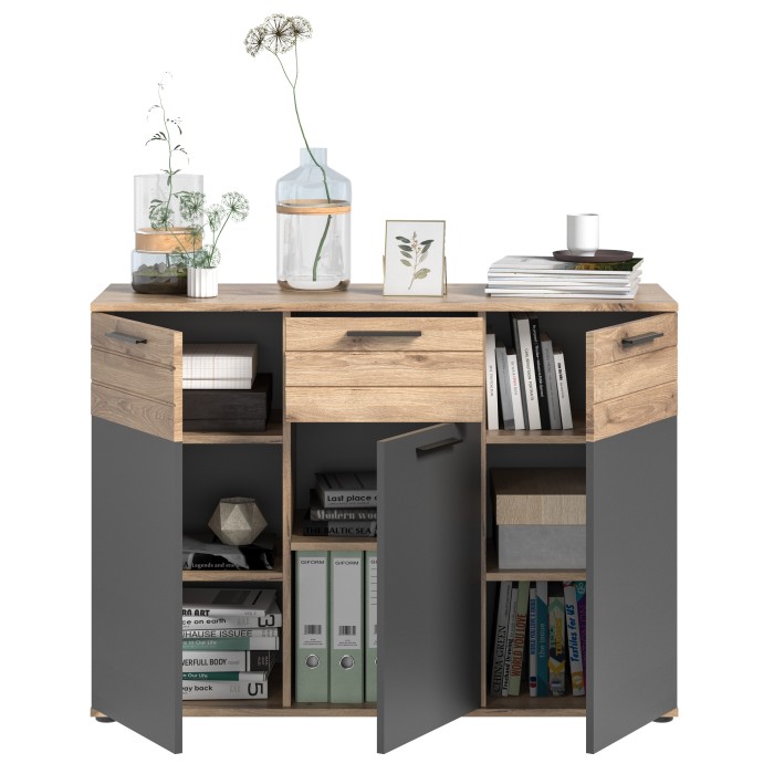 Buffet 3 portes et 1 tiroir – Gris anthracite et chêne clair – SELMA 